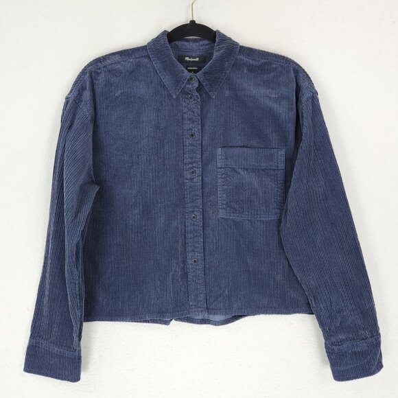 Madewell Shirt Womens Small Blue Cropped Oversized Corduroy Variegated Button Up - Picture 1 of 11